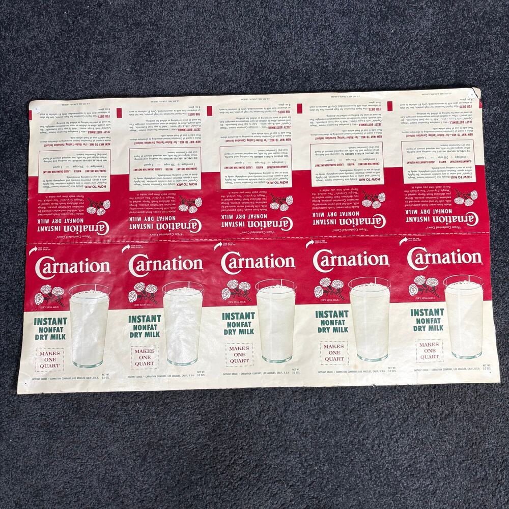 Carnation Instant Dry Milk Vintage Uncut Product Label - 1960's Advertisement